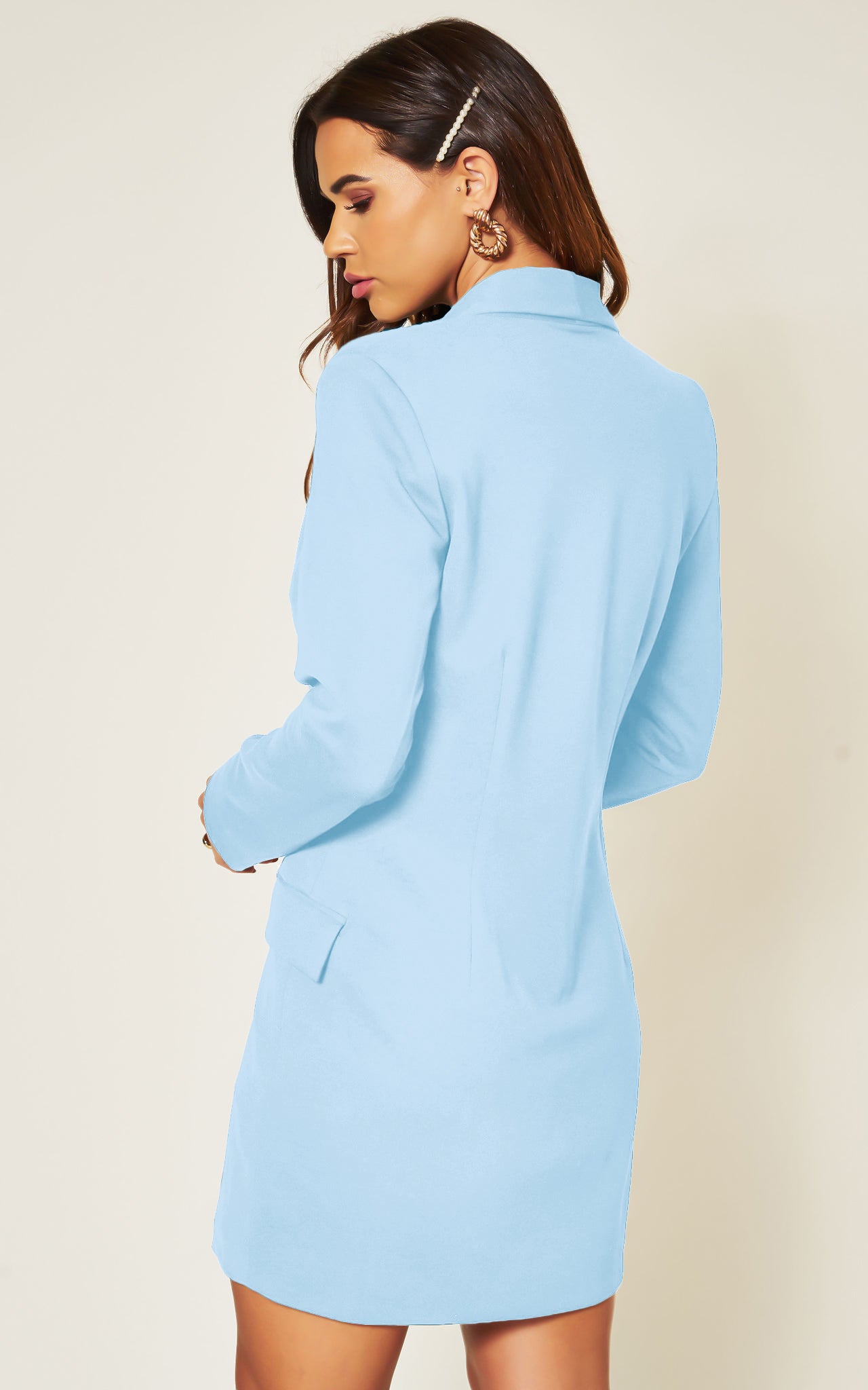 Baby Blue Luxe Stain Asymmetric Double Breasted Gold Button Blazer Dress