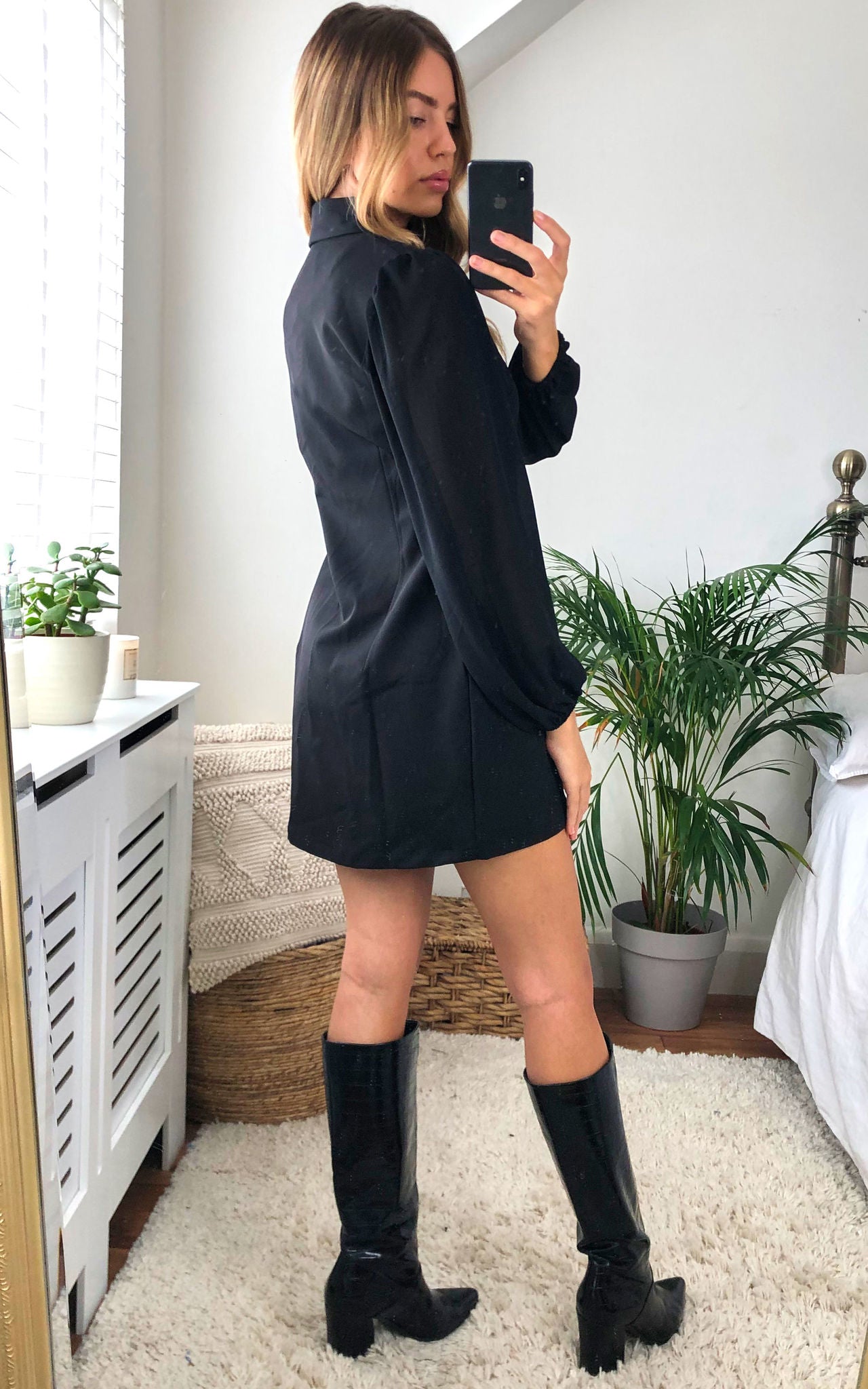 Black Asymmetric Elegant Collar Mesh Long Sleeve Blazer Dresses