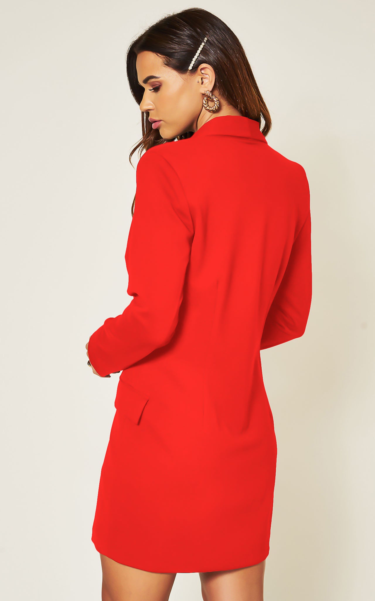 Red Luxe Stain Asymmetric Double Breasted Gold Button Blazer Dress