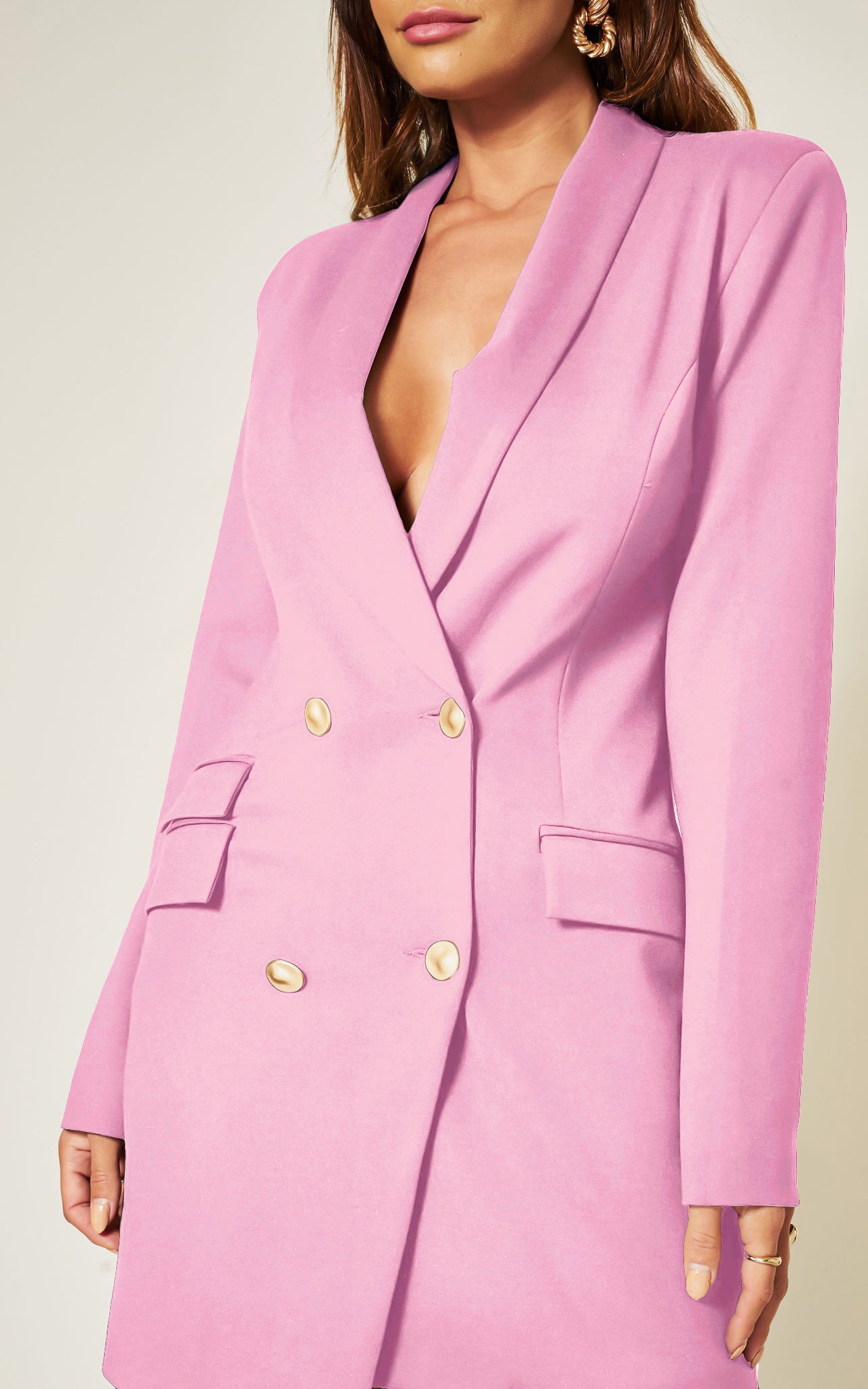 Pink Luxe Stain Asymmetric Double Breasted Gold Button Blazer Dress