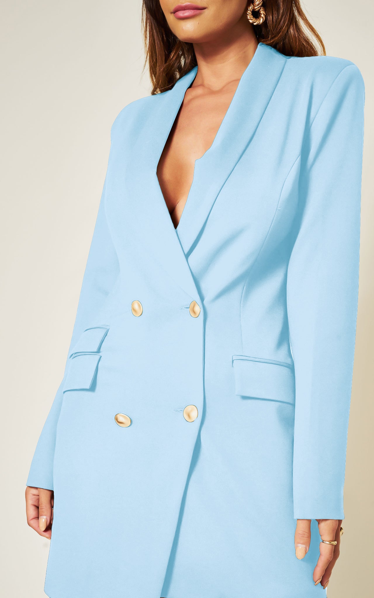 Baby Blue Luxe Stain Asymmetric Double Breasted Gold Button Blazer Dress Baby Blue Luxe Stain Asymmetric Double Breasted Gold Button Blazer Dress