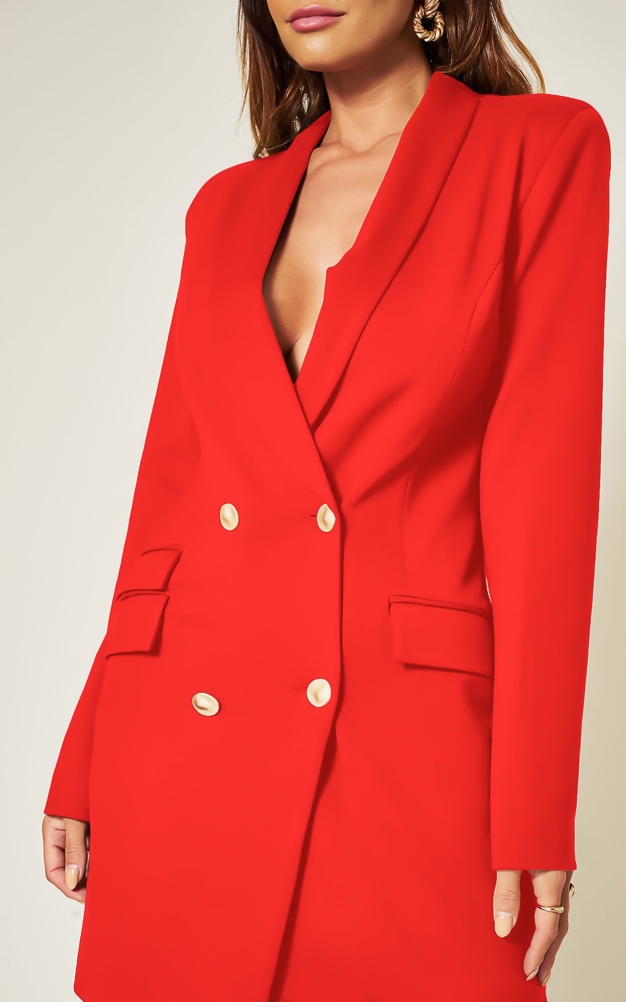 Red Luxe Stain Asymmetric Double Breasted Gold Button Blazer Dress