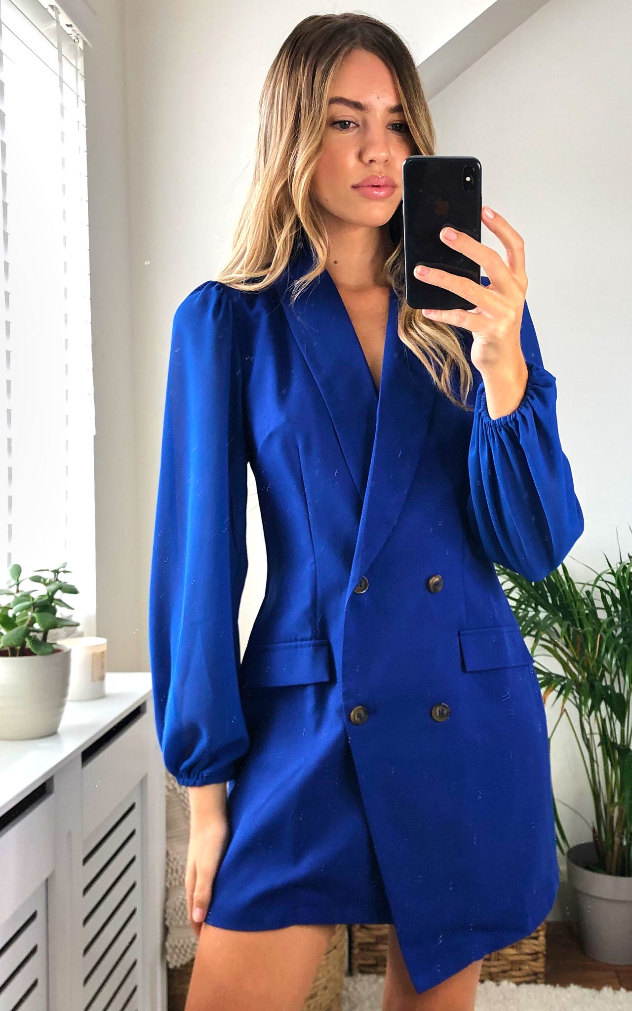 Royal Blue Asymmetric Elegant Collar Mesh Long Sleeve Blazer Dresses