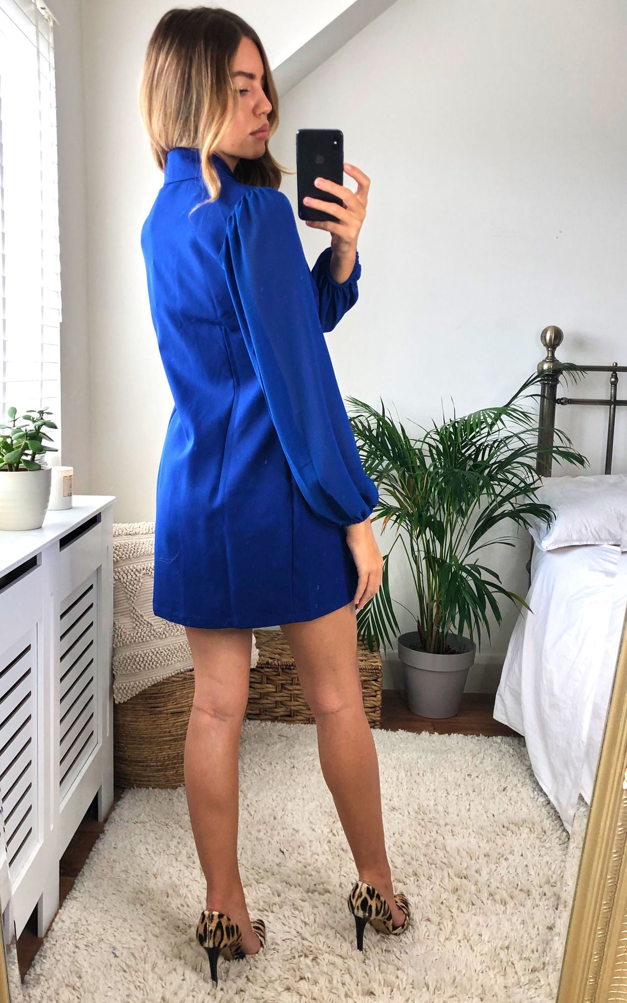 Royal Blue Asymmetric Elegant Collar Mesh Long Sleeve Blazer Dresses