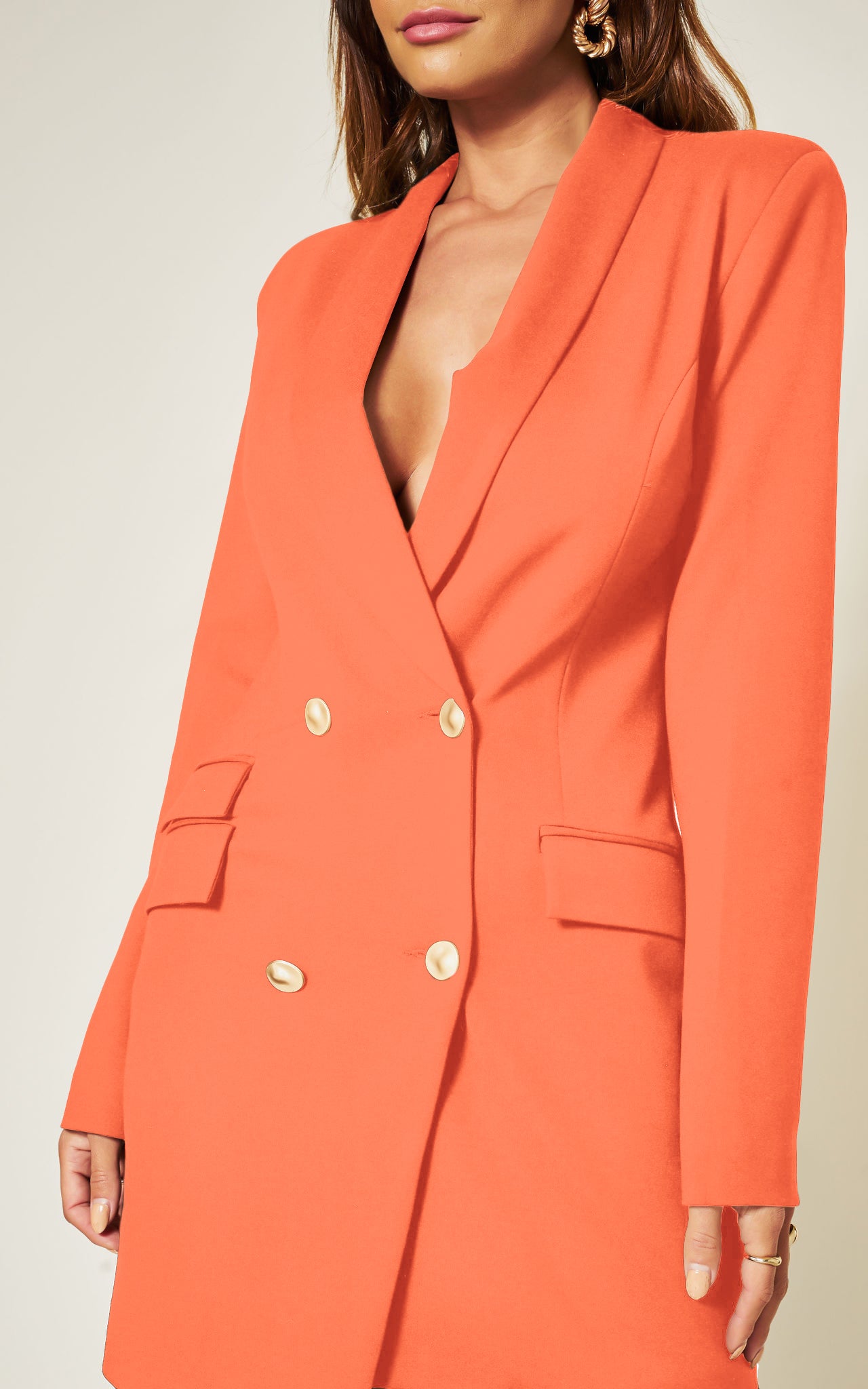 Coral Luxe Stain Asymmetric Double Breasted Gold Button Blazer Dress