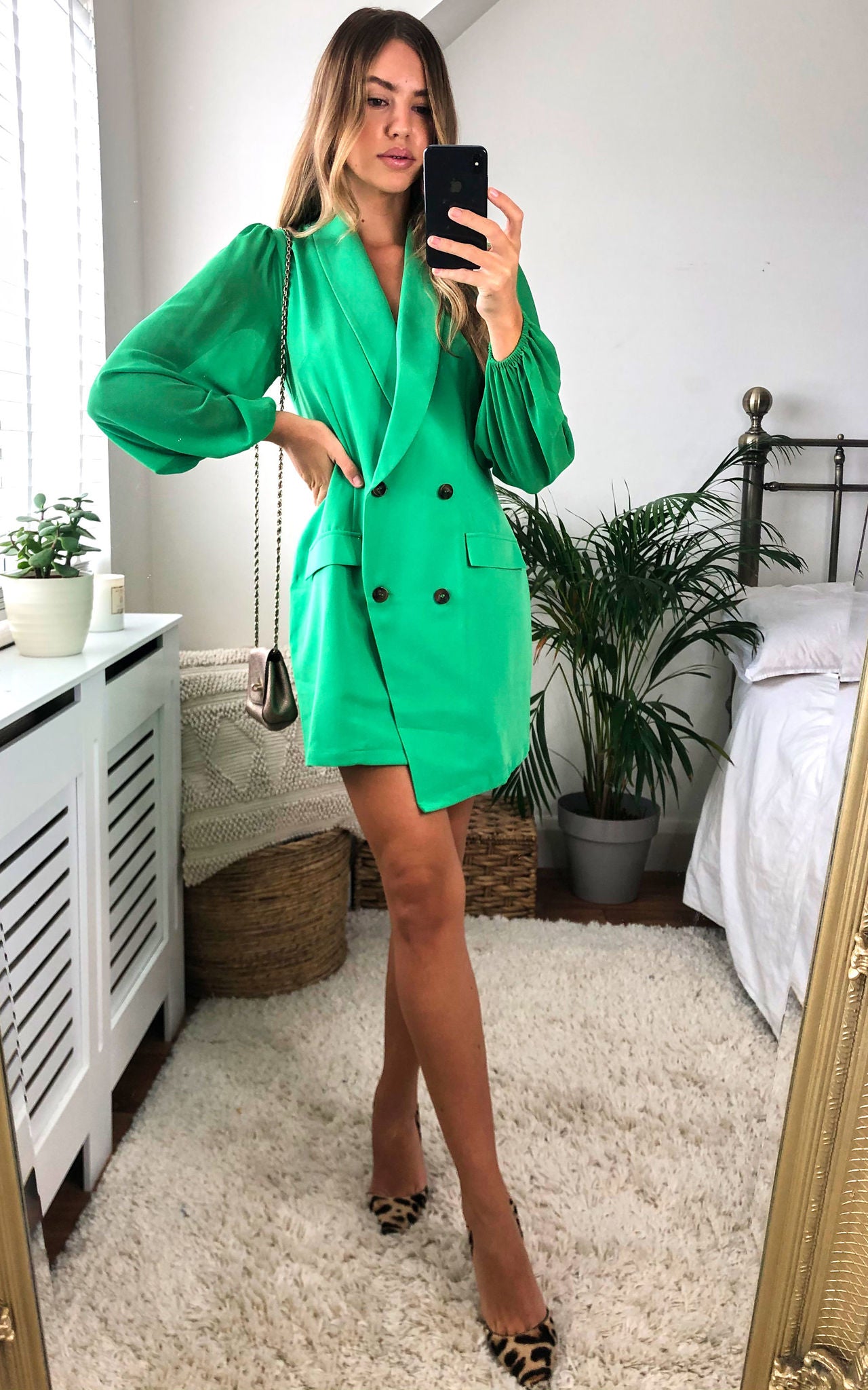 Green Asymmetric Elegant Collar Mesh Long Sleeve Blazer Dresses