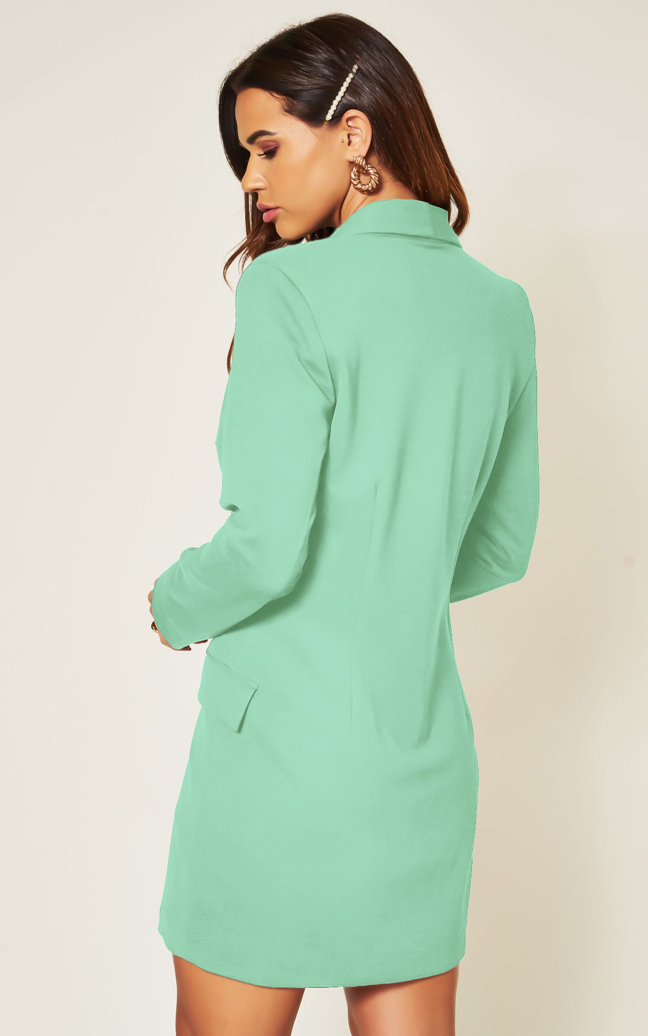 Green Luxe Stain Asymmetric Double Breasted Gold Button Blazer Dress