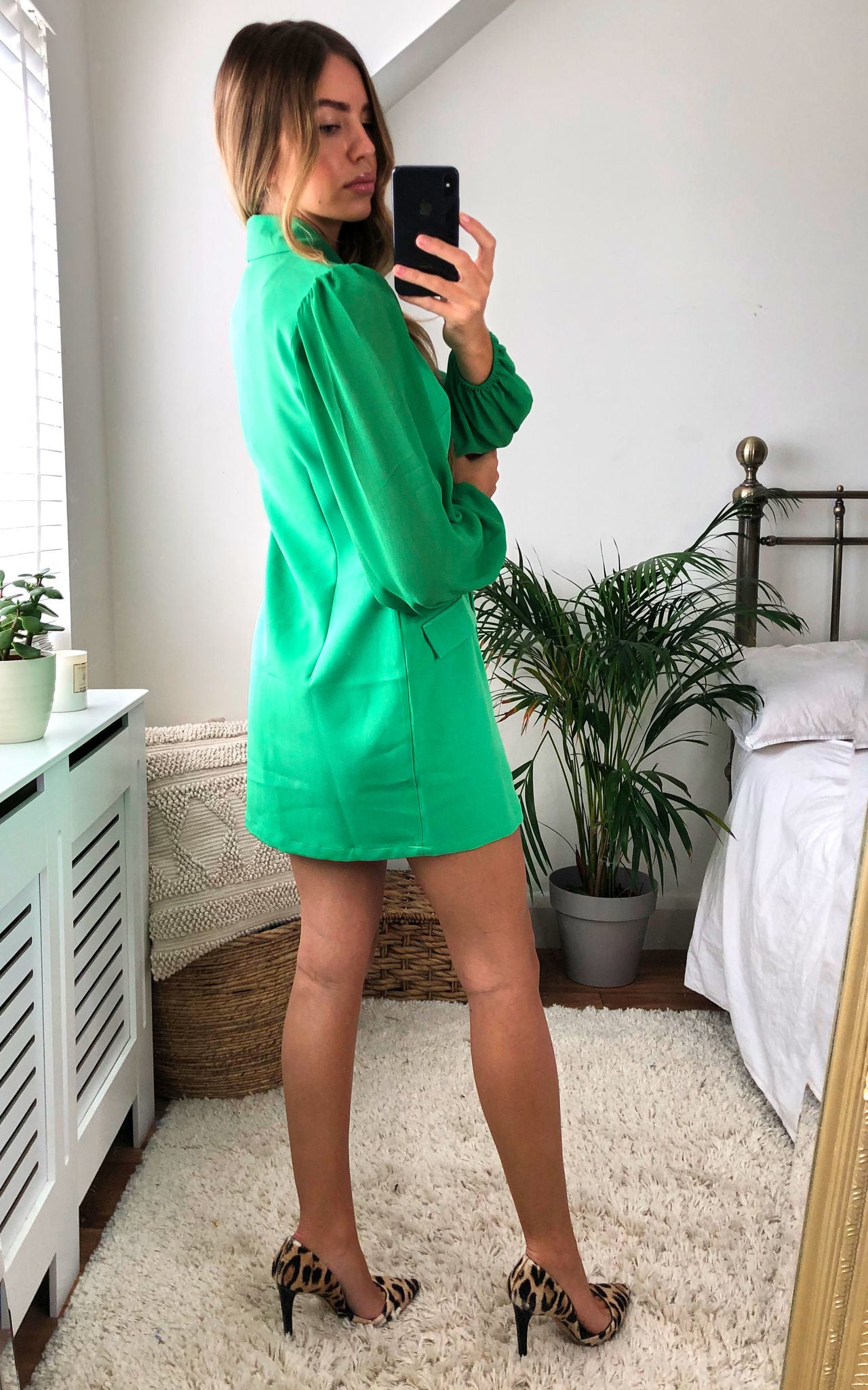 Green Asymmetric Elegant Collar Mesh Long Sleeve Blazer Dresses