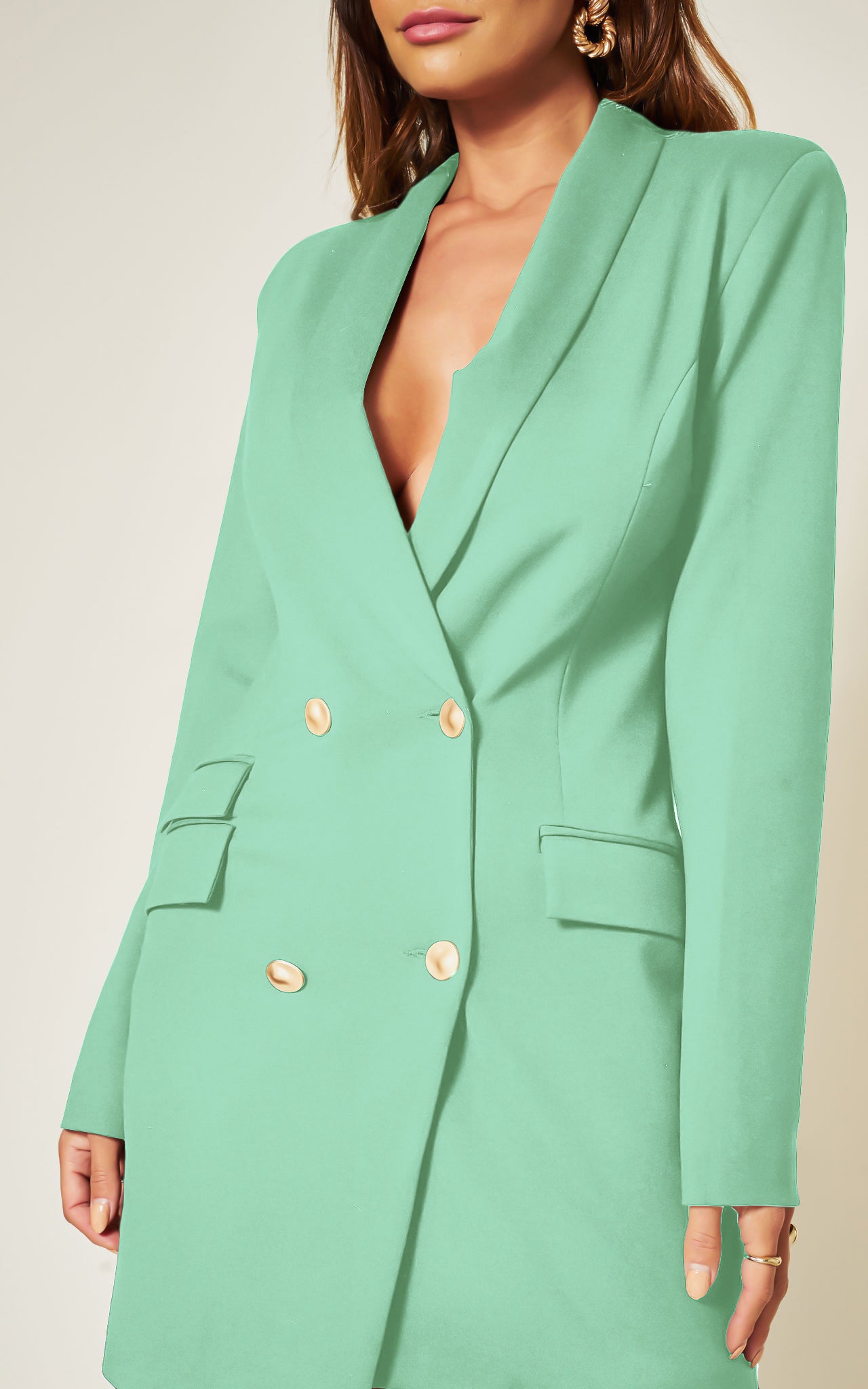 Green Luxe Stain Asymmetric Double Breasted Gold Button Blazer Dress