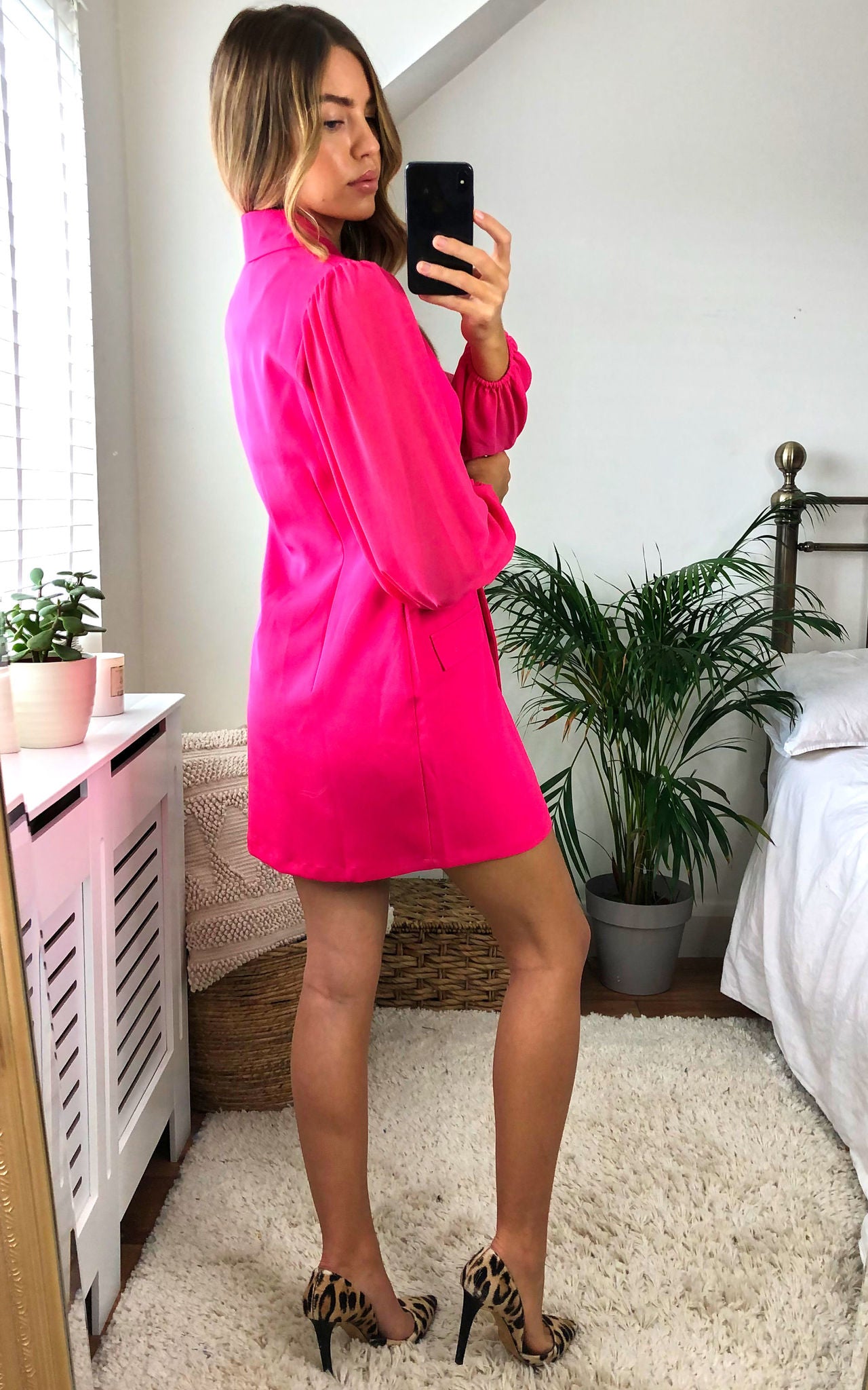 Hot Pink Asymmetric Elegant Collar Mesh Long Sleeve Blazer Dresses