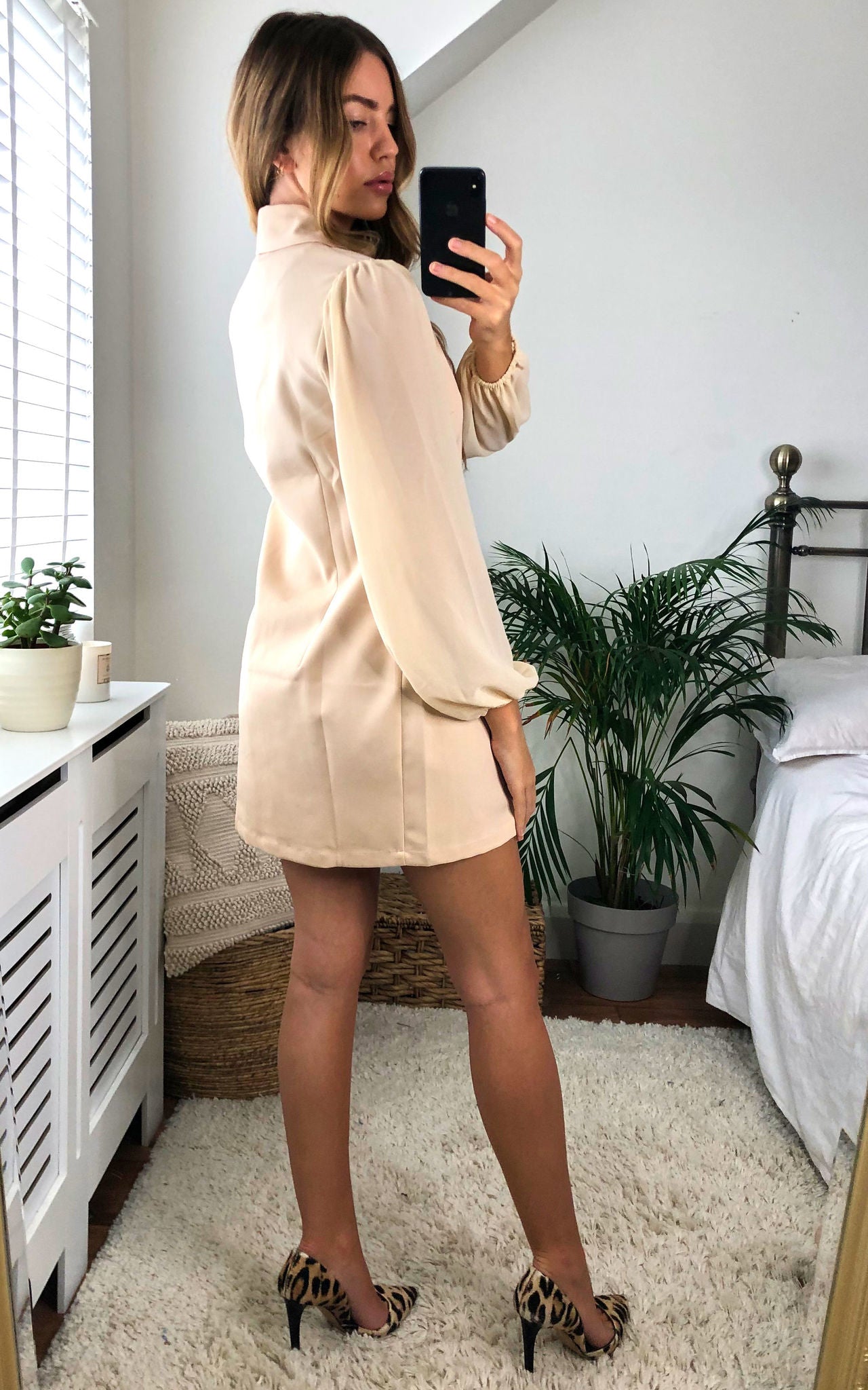 Nude Asymmetric Elegant Collar Mesh Long Sleeve Blazer Dresses