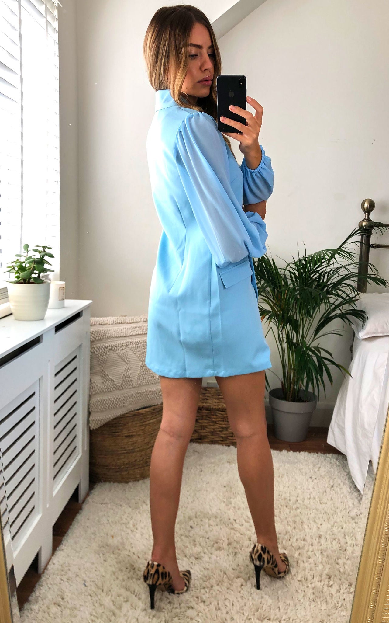 Baby Blue Asymmetric Elegant Collar Mesh Long Sleeve Blazer Dresses