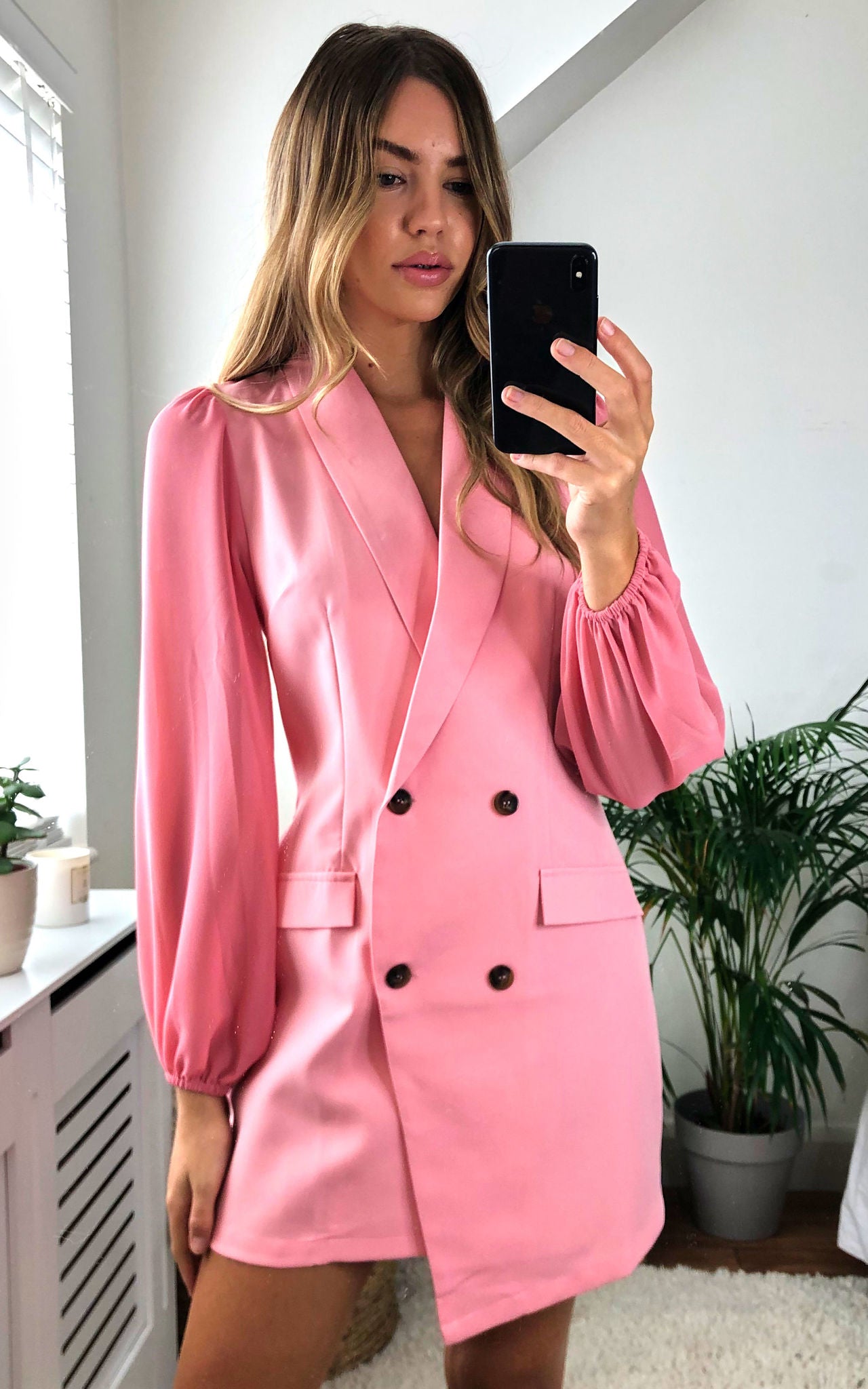 Pink Asymmetric Elegant Collar Mesh Long Sleeve Blazer Dresses