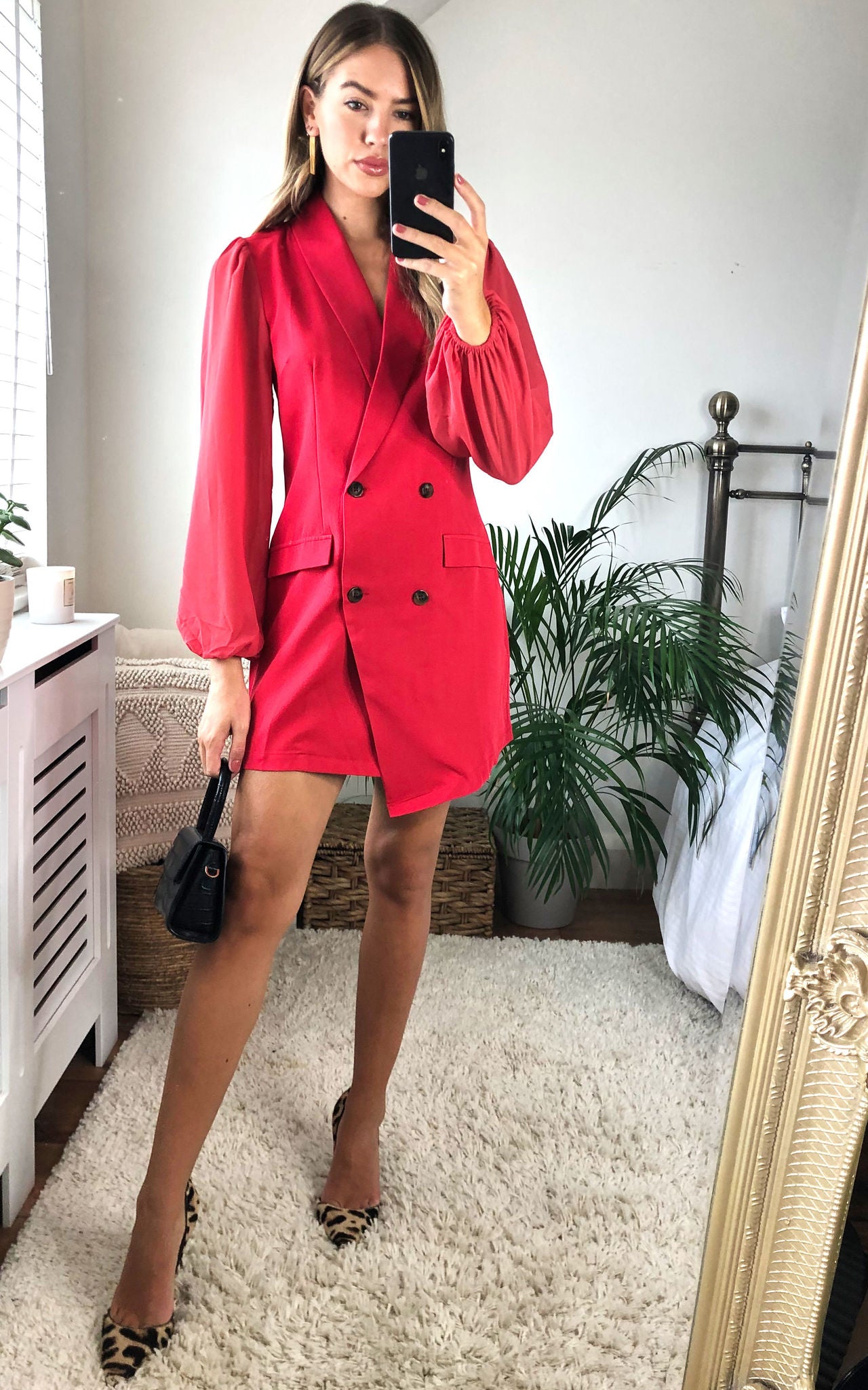 Red Asymmetric Elegant Collar Mesh Long Sleeve Blazer Dresses