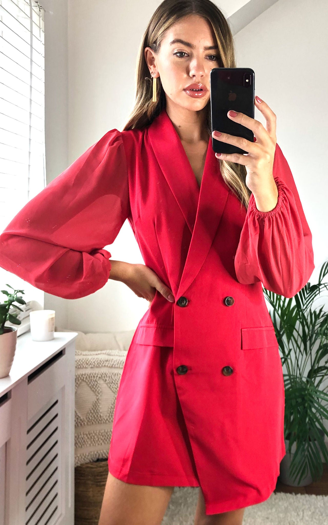 Red Asymmetric Elegant Collar Mesh Long Sleeve Blazer Dresses