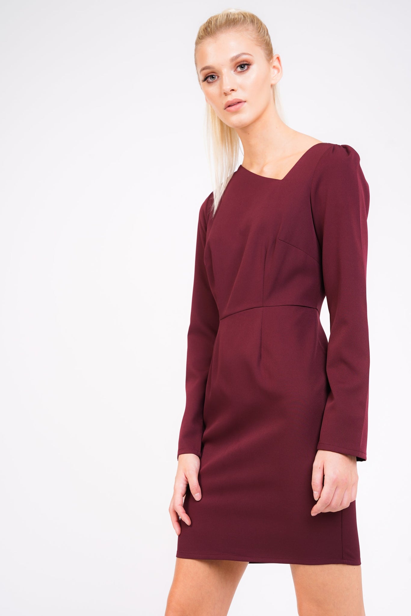 Plain Background Wearing Asymmetric Dress In Berry Front Cropped Image