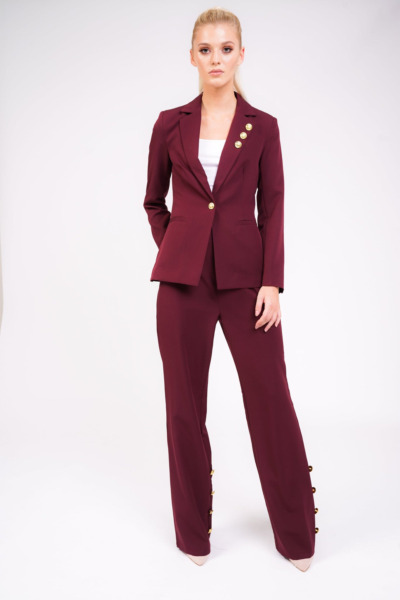 Wide Leg Trouser With Gold Button Detail in Berry