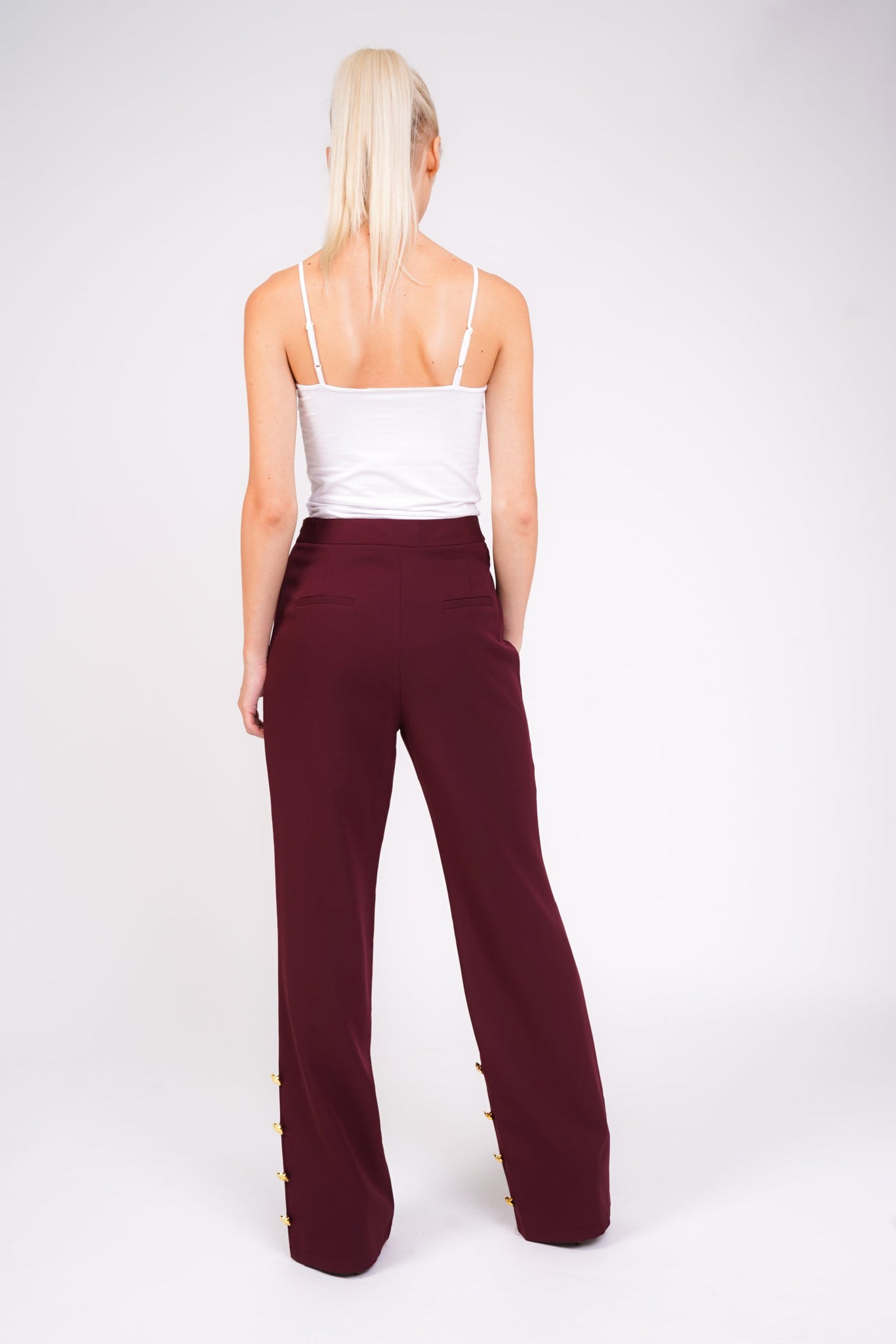 Wide Leg Trouser With Gold Button Detail in Berry