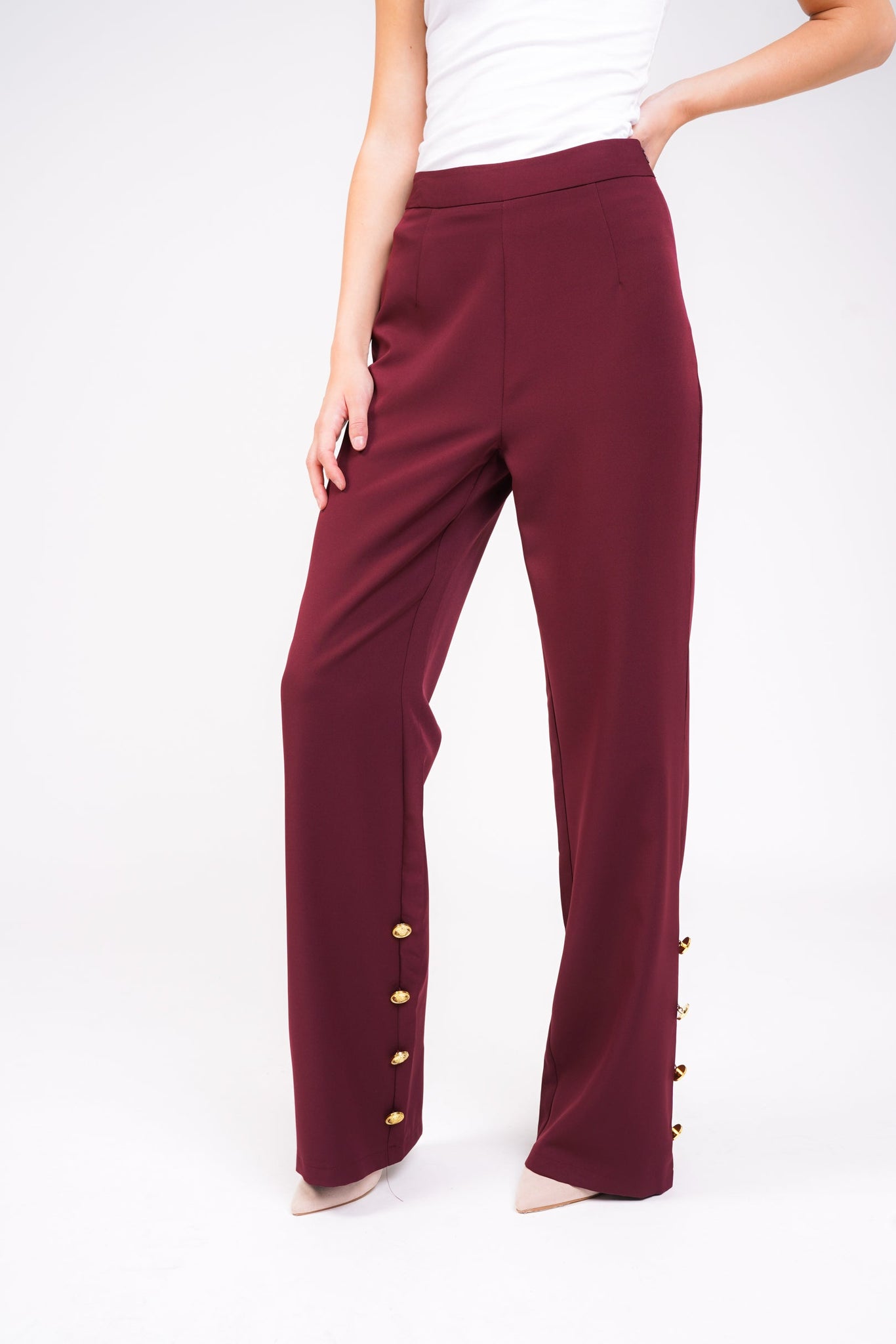 Wide Leg Trouser With Gold Button Detail in Berry