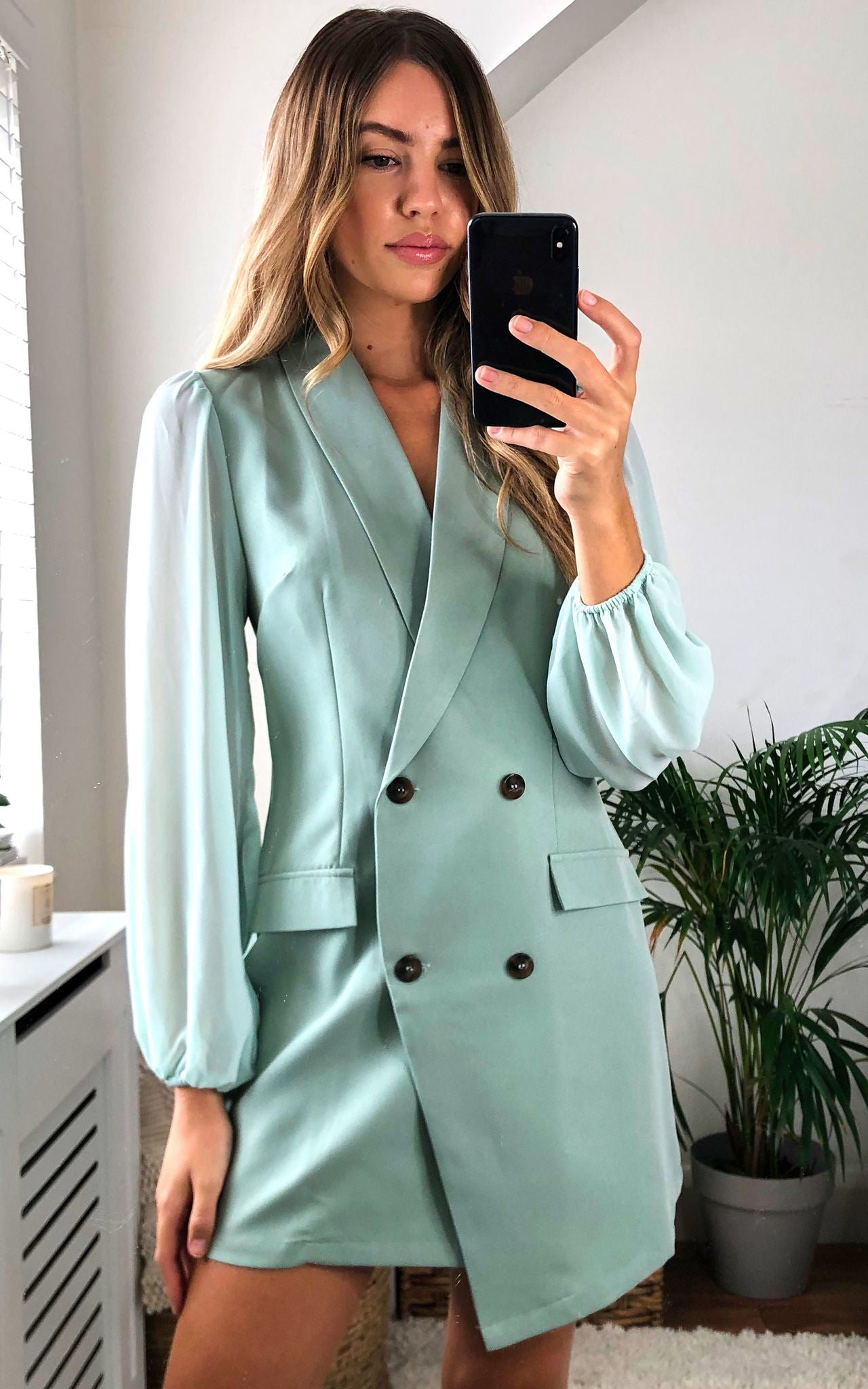 Grey Green Asymmetric Elegant Collar Mesh Long Sleeve Blazer Dresses