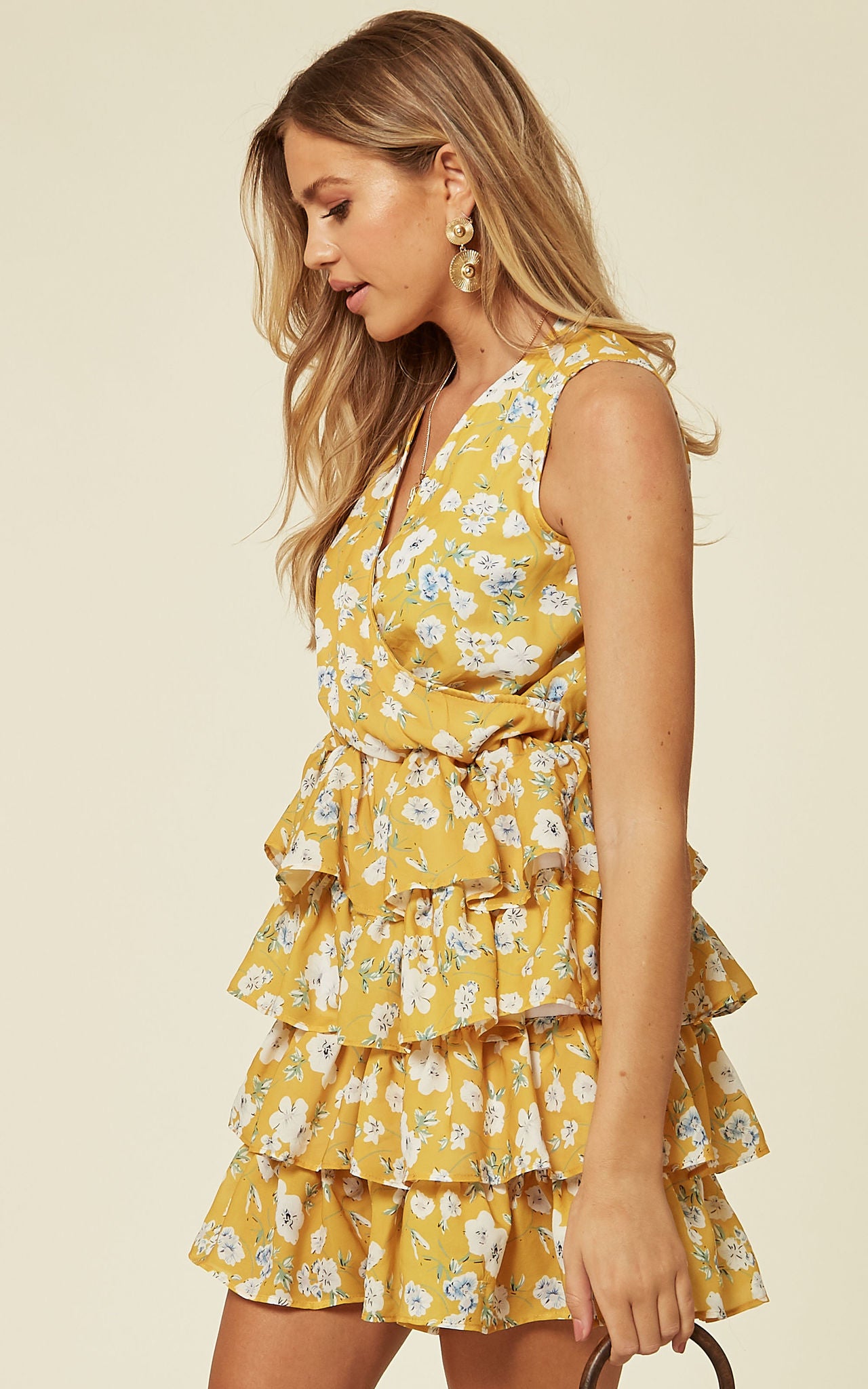 Tiered Floral Mini Dress In Yellow