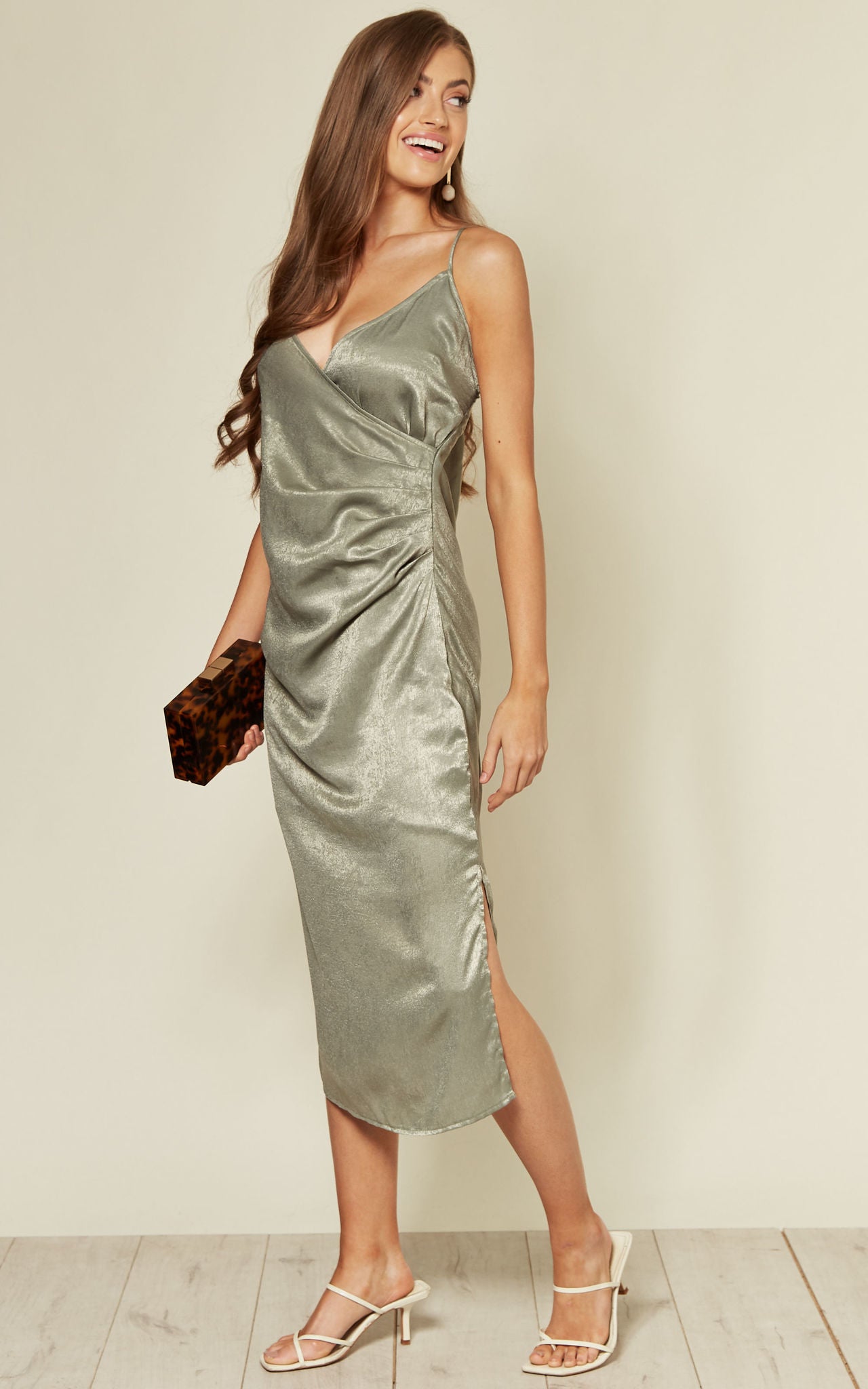 Satin Midi Slip Dress With Cross Back In Sage Green