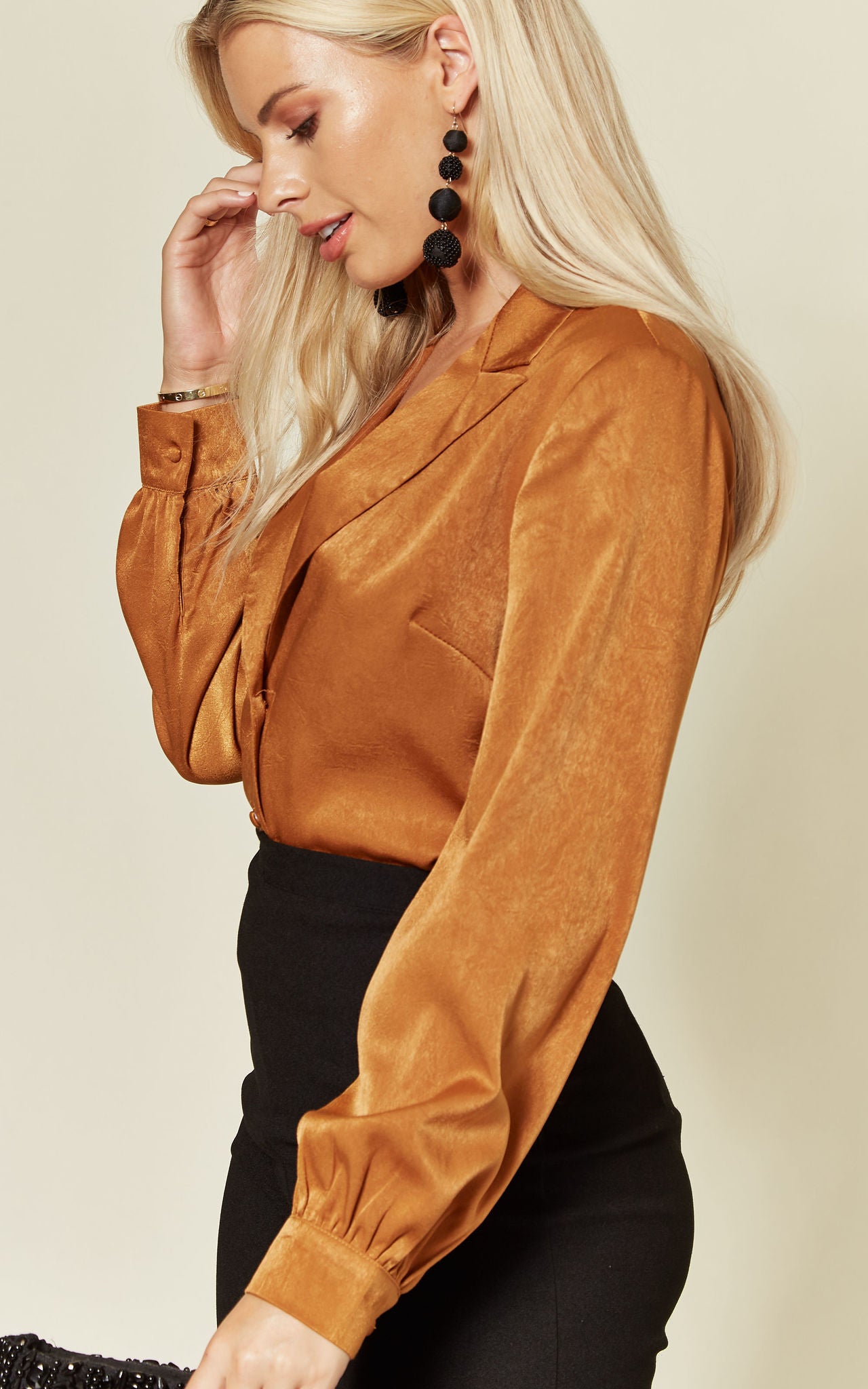 Tailored Satin Long Sleeve Bodysuit In Rust