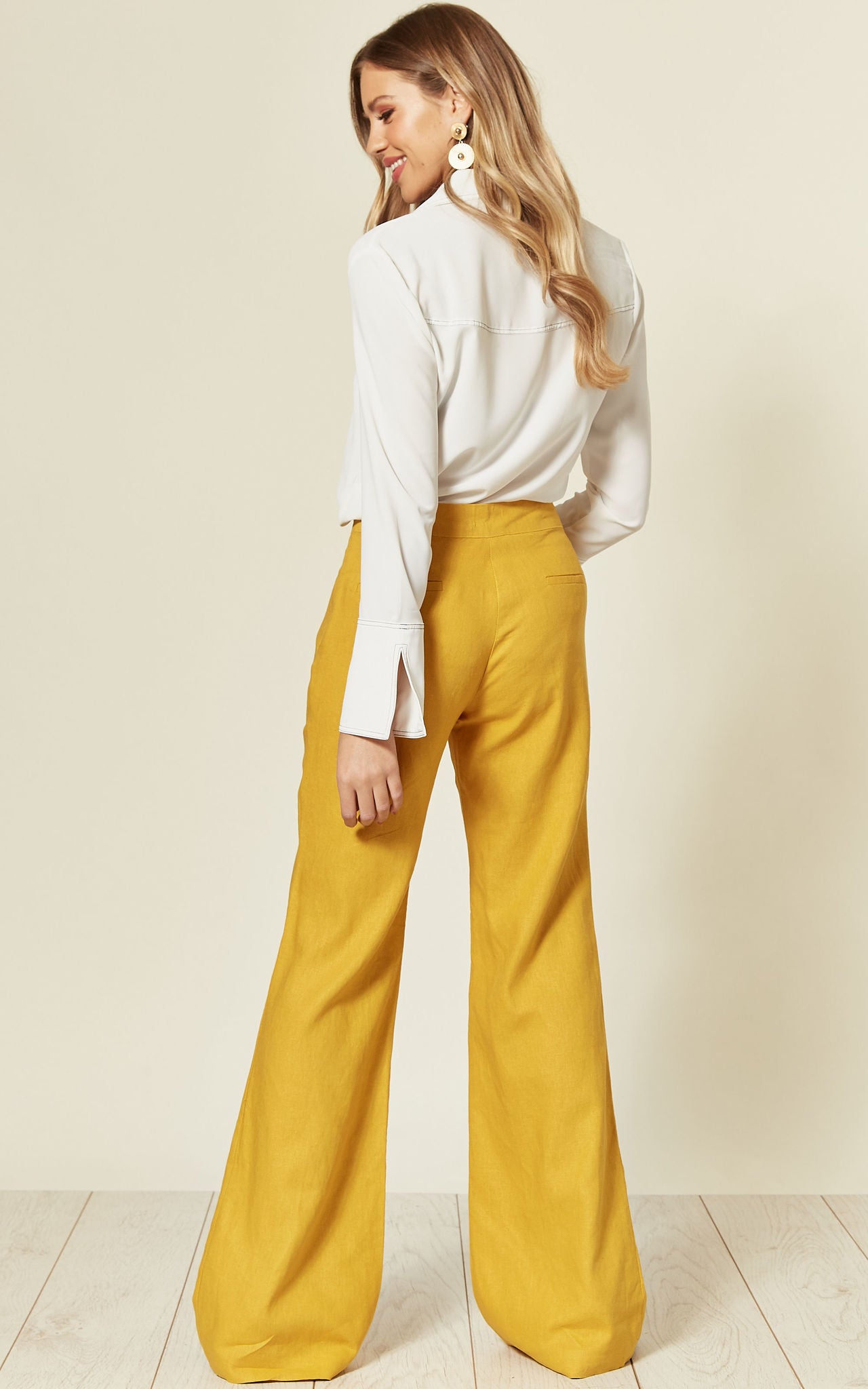 Linen Flared Trousers In Yellow
