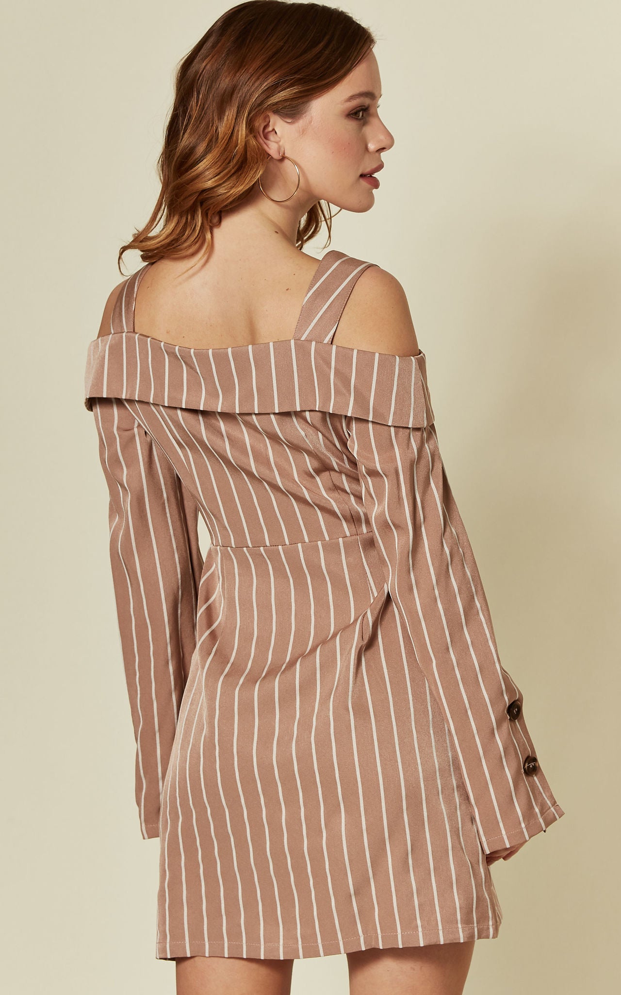 Stripe Button Down Off The Shoulder Dress