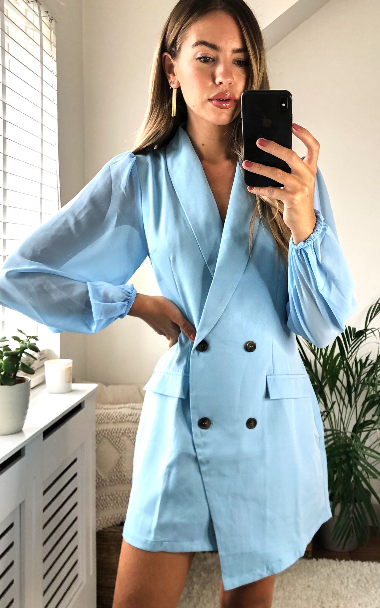 Asymmetric Long Sleeve Blazer Dress Light Blue