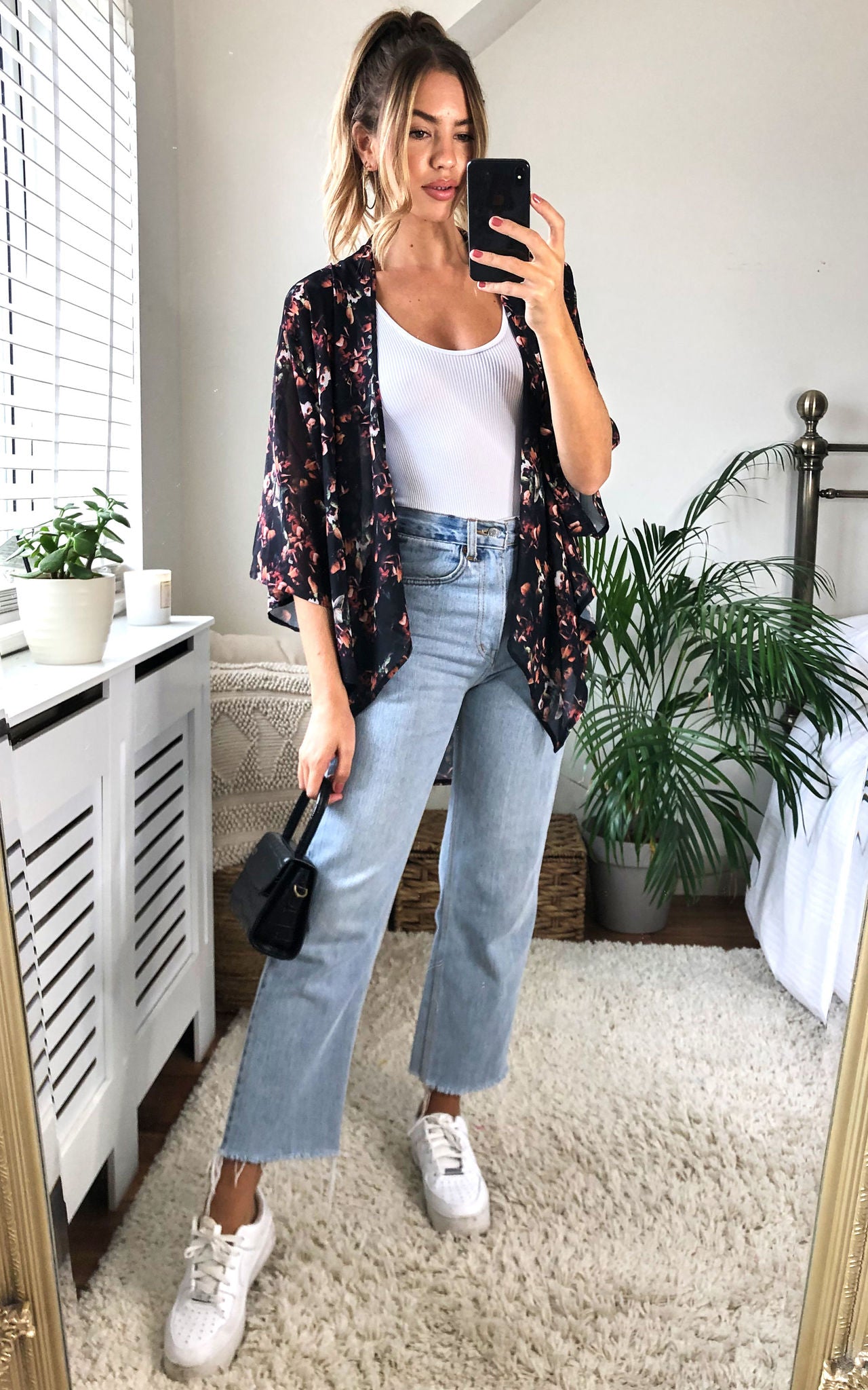 Flower Print Kimono Top In Black