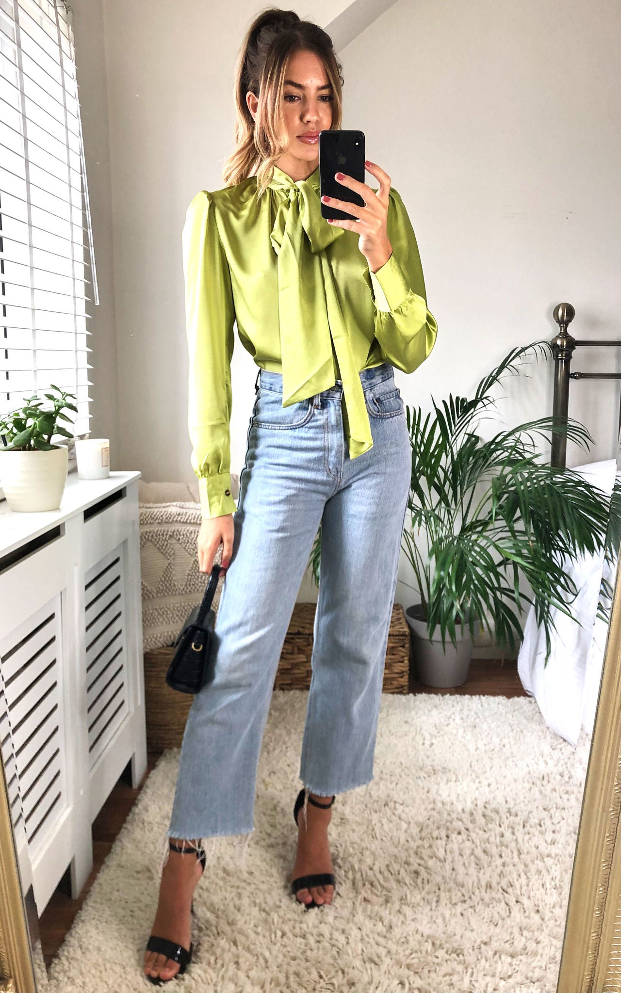 Long Sleeve Pussybow Shirt Lime Green