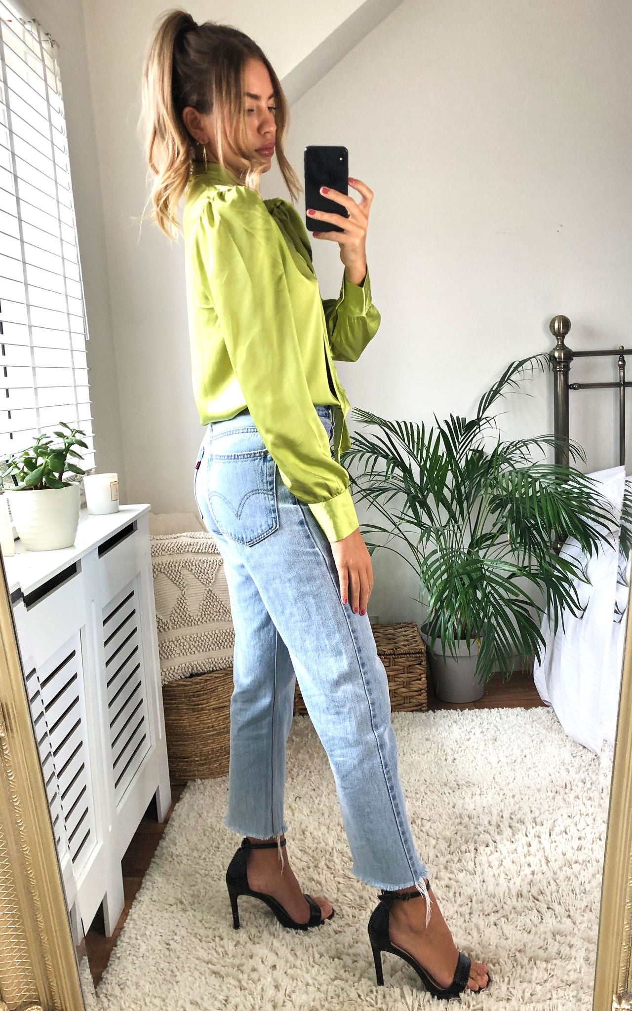Long Sleeve Pussybow Shirt Lime Green