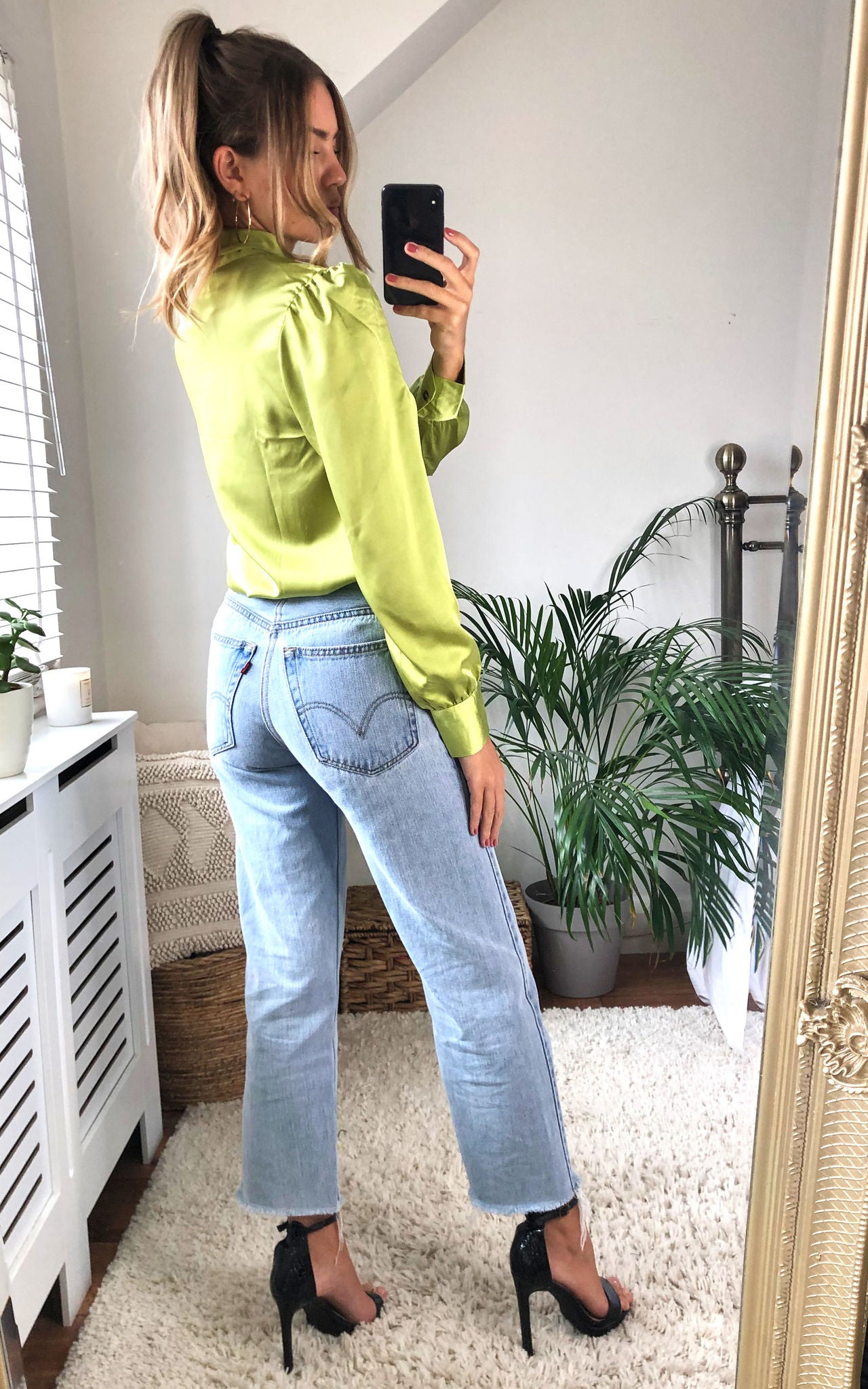 Long Sleeve Pussybow Shirt Lime Green