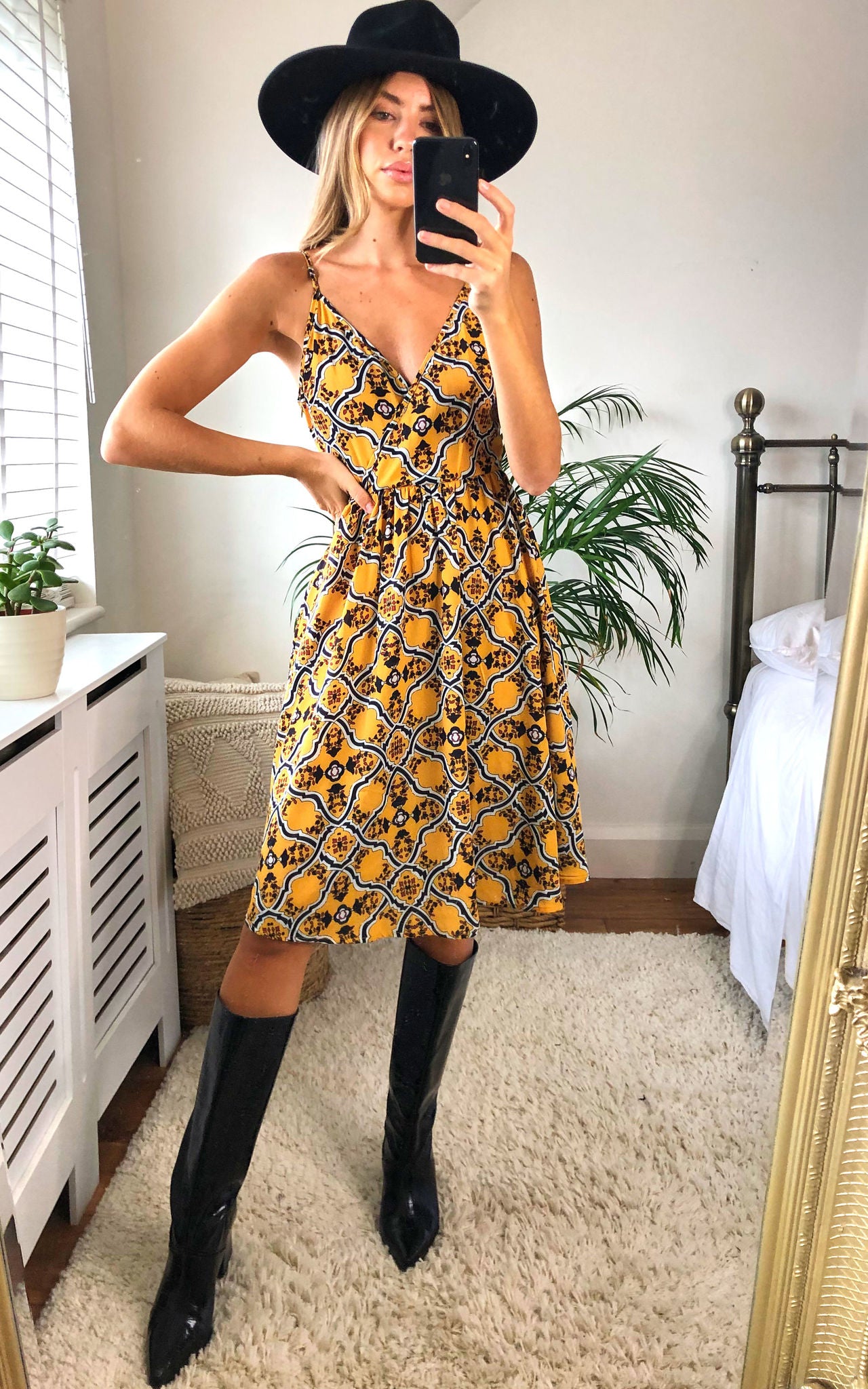 Unique21 V Neck Floral Spaghetti Strap Summer Casual Swing Dress Multi Yellow Print