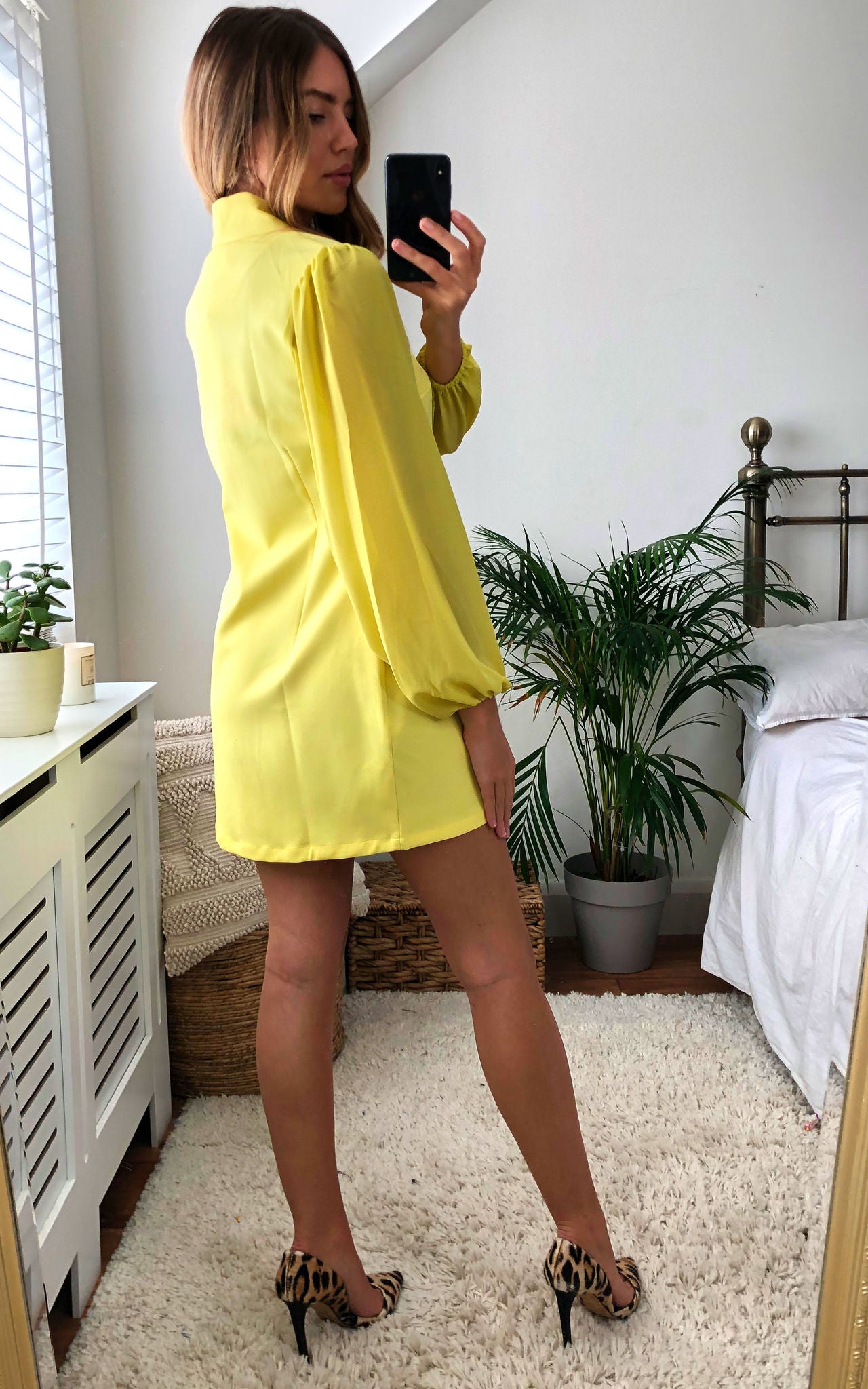 Yellow Asymmetric Elegant Collar Mesh Long Sleeve Blazer Dresses